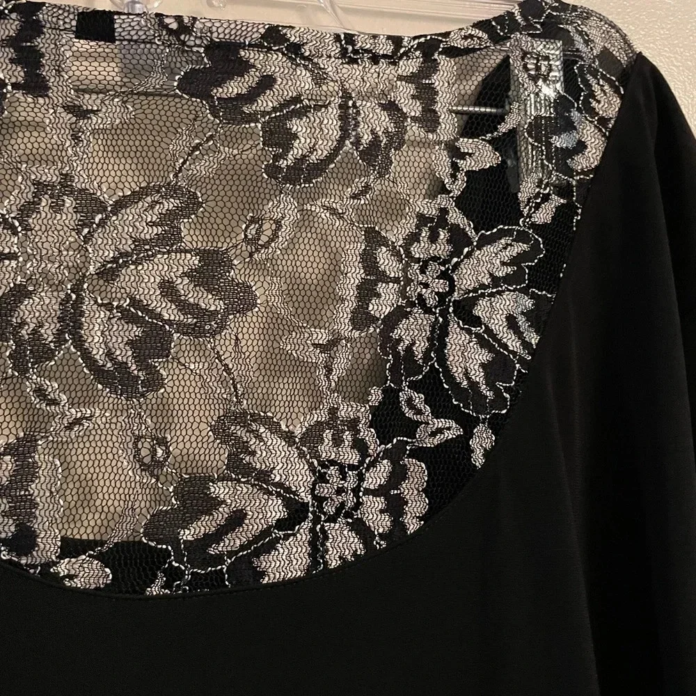 Susan Graver Black Pleated Cowl Neck Back Lace Panel Blouse Top 3/4 Sleeve Large - Picture 9 of 10